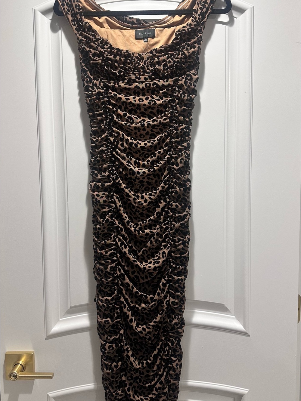 MAJORELLE Tan and Black Leopard Print Ruched Midi Dress